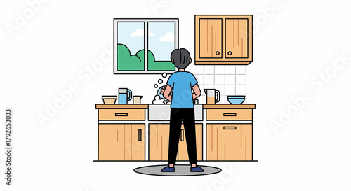 Man Washing Dishes In The Kitchen At Home Illustration