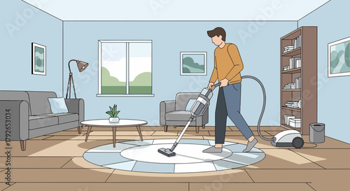 Man Vacuuming The Living Room With An Upright Vacuum Cleaner