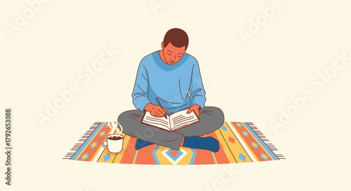 Man Writing In Notebook While Sitting On Floor With Rug