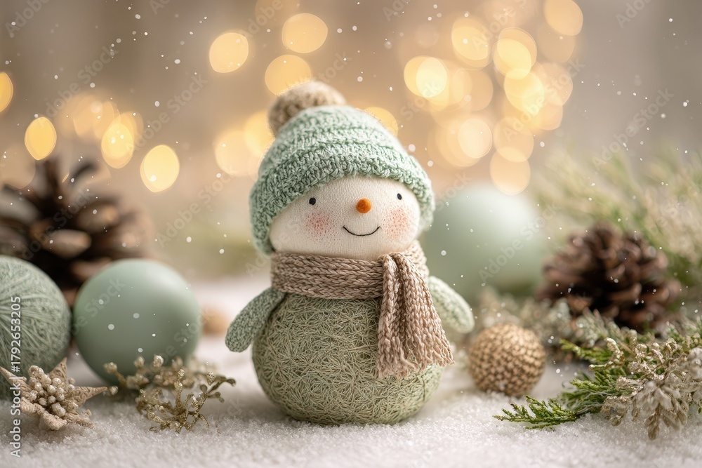 Obraz premium Charming textile snowman figure sits amidst soft winter decorations and festive lights