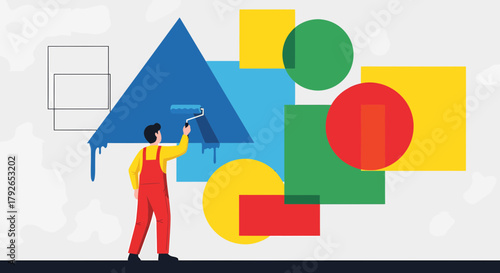 Painting Geometric Shapes With A Roller For Modern Art Illustration