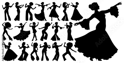 1970s Disco Dancer Woman Silhouette Poses Collection, Transparent Background