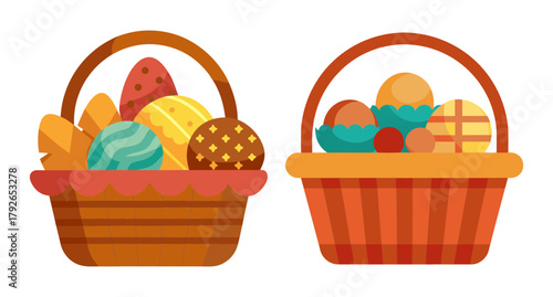Two colorful easter baskets filled with painted eggs and treats