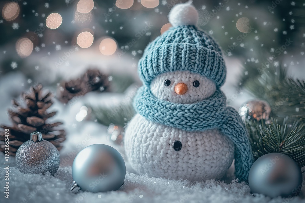 Obraz premium Knitted snowman figurine rests among holiday decorations on snowy surface with falling snow