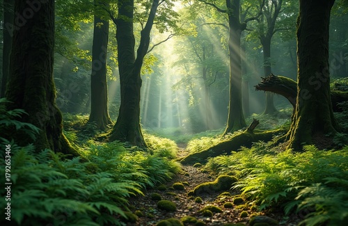 Sun light in old forest. Ferns, moss covered rocks and trees along footpath. Fresh summer green wood. Scenic tranquil woodland view. Nature escape. Ecology and travel. Environment concept.
