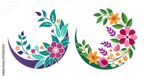 Beautiful floral crescent designs with colorful flowers and green leaves
