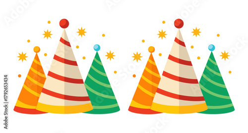 Colorful party hats with confetti celebration decorations festive scene
