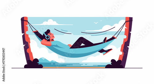 Person Relaxing In Hammock With Headphones By The Ocean