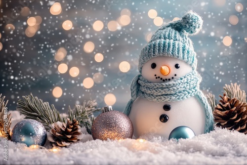 Adorable knitted snowman decoration sits nestled in fresh snow amidst festive ornaments and falling flakes