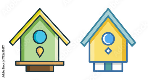 Two colorful birdhouses with perches and entrance holes