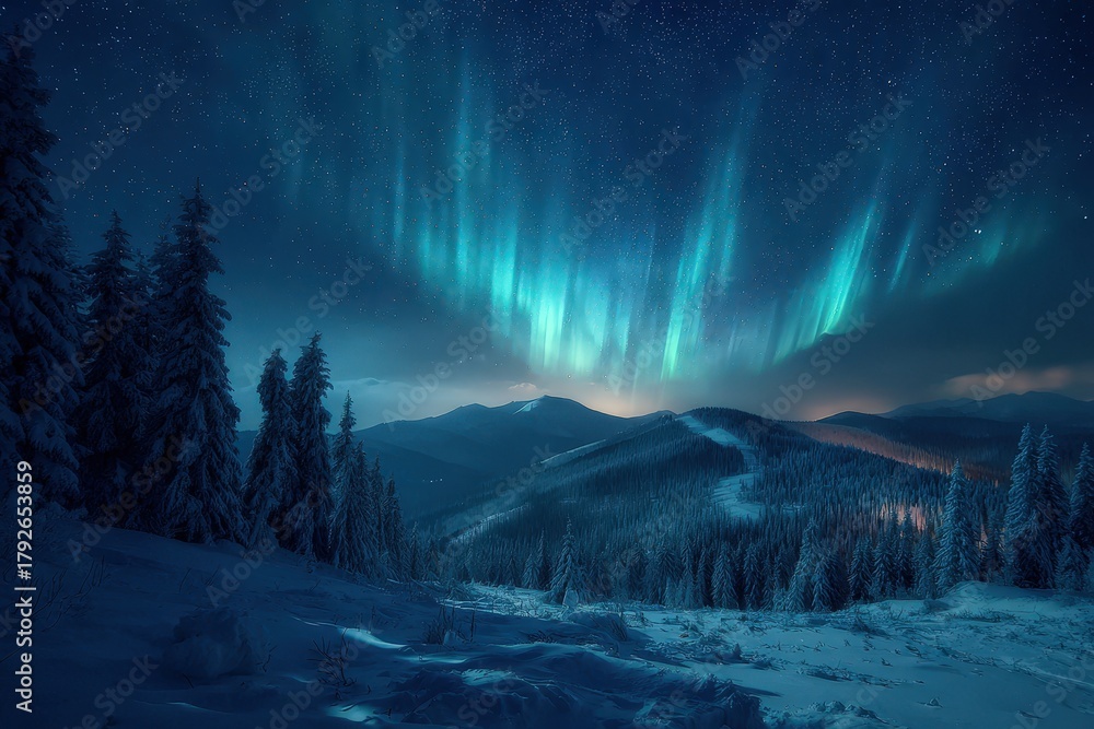 Naklejka premium Stunning celestial lights illuminate a vast, snow-covered mountain wilderness at night