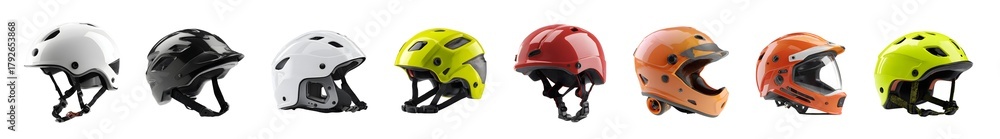 Fototapeta premium Collection of diverse cycling helmets for various sports and activities.