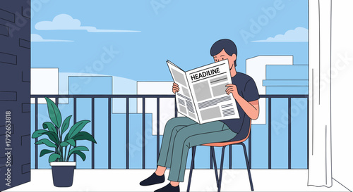 Relaxing Morning News On Balcony With Cityscape Background Illustration