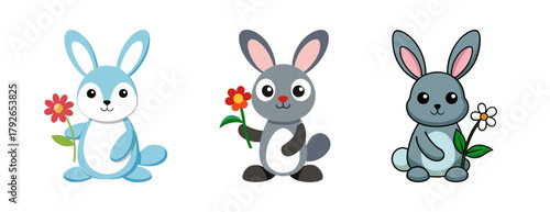 Cute bunny rabbits holding flowers spring animals collection