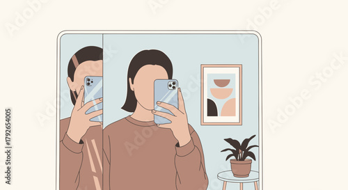 Stylish Young Woman Taking Selfie In Mirror At Home Lifestyle