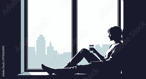 Silhouette Of Young Woman Contemplating The Cityscape With Coffee