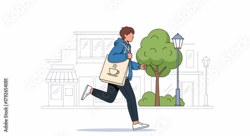 Urban Lifestyle Delivery Man Carrying Coffee On Eco Friendly Shopping Bag