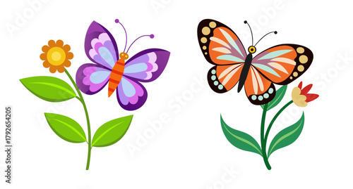 Two beautiful butterflies perched on blooming flowers in nature