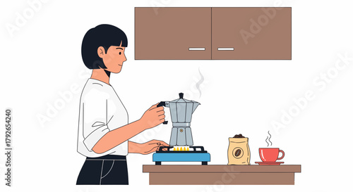 Woman Brewing Coffee With Moka Pot At Home