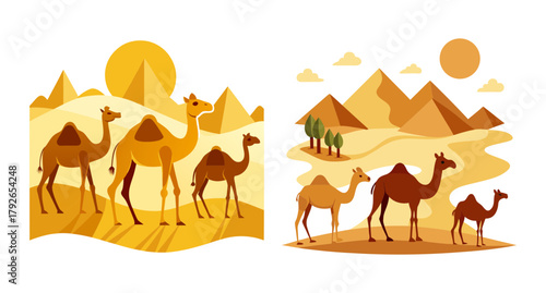 Camels and pyramids in a desert landscape at sunset