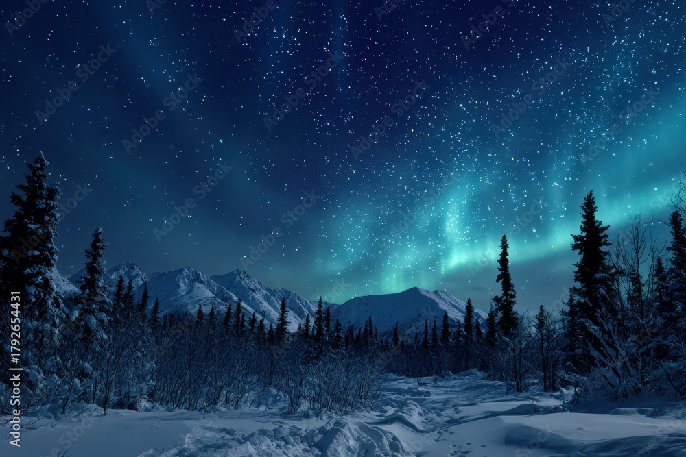 Naklejka premium Brilliant aurora borealis illuminates a vast, star-filled arctic night sky above snowy mountain peaks and evergreen forest