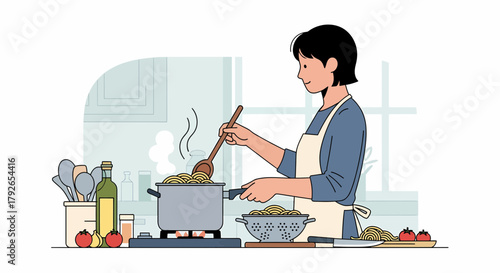 Woman Cooking Pasta At Home In A Modern Kitchen Setting