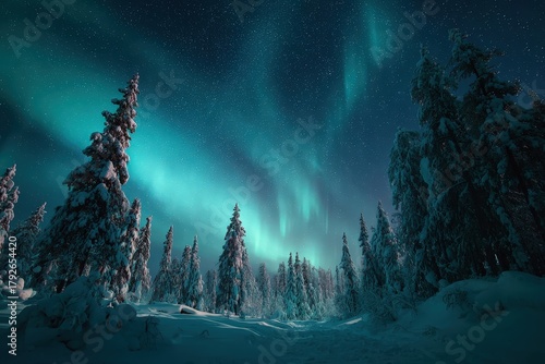 Brilliant natural light phenomena illuminates a snow-covered boreal forest under a starry night sky