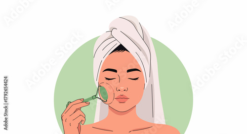 Woman Enjoying a Relaxing Facial Massage with Jade Roller