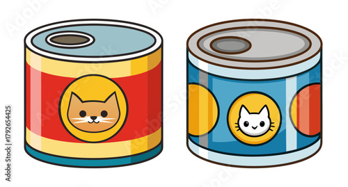 Two colorful cans of cat food with adorable kitty faces