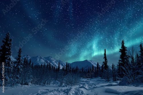 Brilliant aurora borealis illuminates a vast, star-filled arctic night sky above snowy mountain peaks and evergreen forest