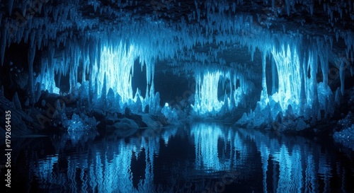 Mystical blue glow transforms an ancient cavern into an otherworldly spectacle, where stalactites meet their reflections in tranquil cave waters