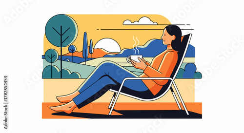 Woman Enjoying Coffee Outside Minimalist Relaxation Landscape Illustration