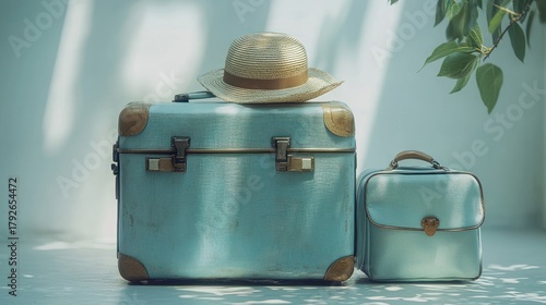Vintage suitcases and hat in sunlight.