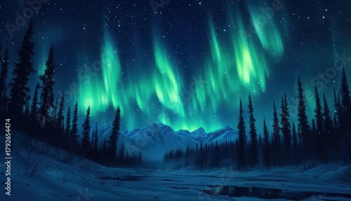 Brilliant green celestial light illuminates a dark winter landscape beneath snow capped peaks