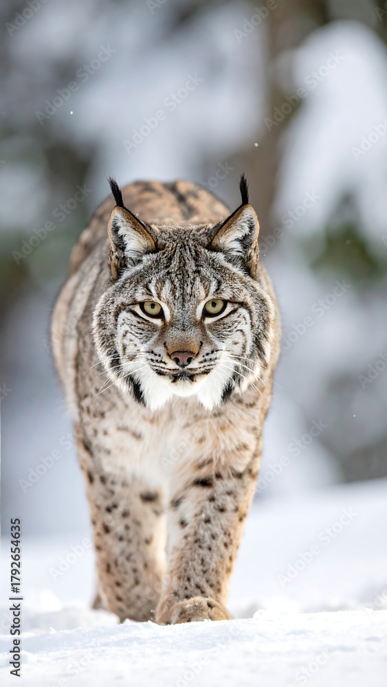 Obraz premium Close-up of a lynx walking in snowy forest