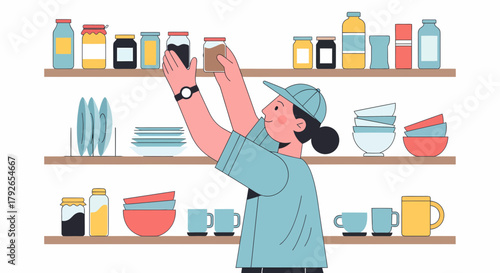 Woman Organizes Kitchen Shelves With Jars And Dishes