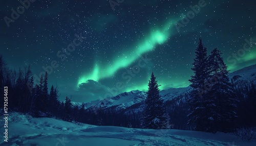 Brilliant natural light display illuminates dark winter sky above snowy wilderness