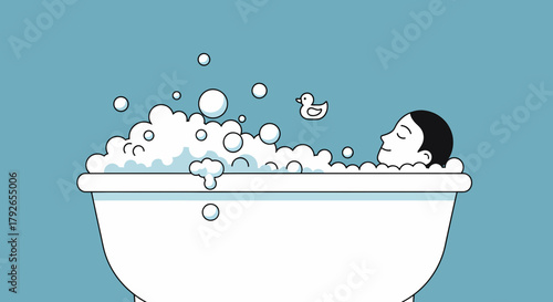 Woman Relaxing In Bathtub Filled With Bubbles And Rubber Duck