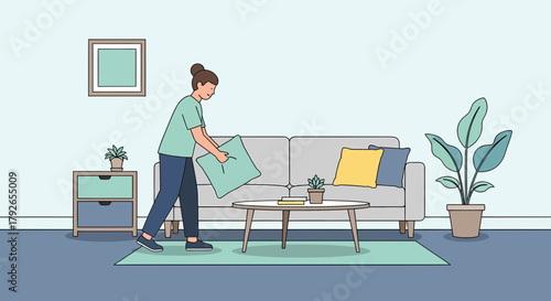 Woman Preparing Living Room Decor With Plants And Couch