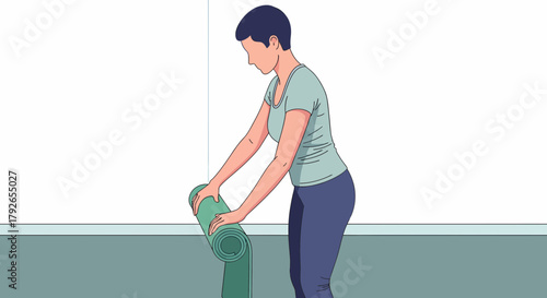 Woman Rolling Up Her Yoga Mat After a Fitness Session