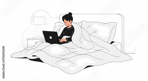 Woman Working On Laptop In Bed Relaxation At Home
