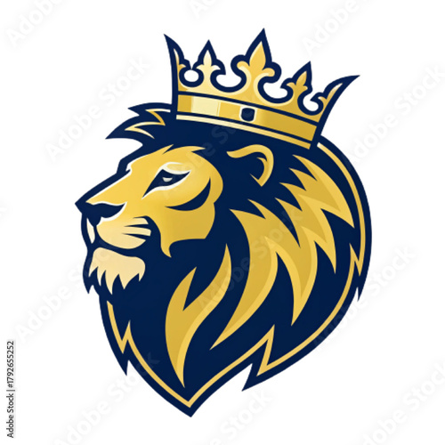 Crowned Lion Esport Mascot Logo – Flat Vector Royal Badge with Gold and Navy Colors, Bold Outline Design, Transparent Background PNG

