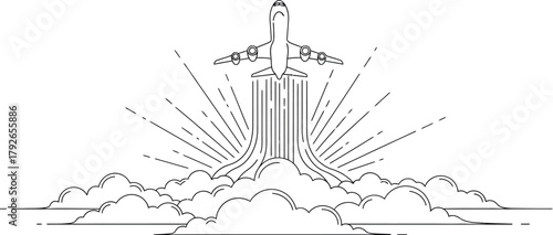 Dramatic line art illustration of an airplane ascending through clouds, with radiating lines symbolizing speed and departure, against a bright backdrop