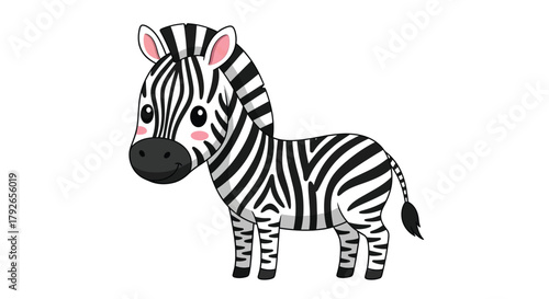 Cartoon zebra with black and white stripes, pink ears, and a cute expression.