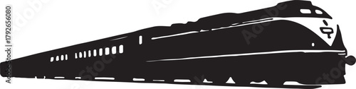 A striking black and white illustration of a vintage streamlined passenger train