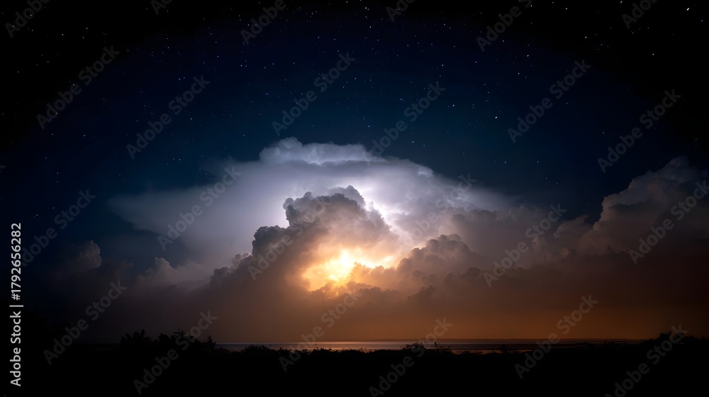 Fototapeta premium A dramatic lightning strike illuminates the dense storm clouds over the dark ocean horizon under a vast star filled night sky