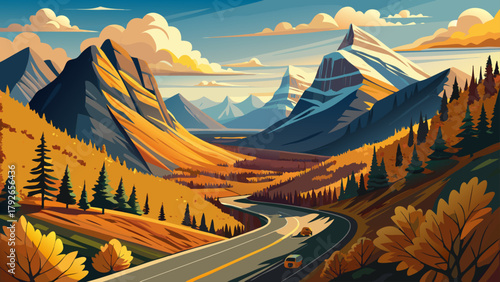 Very beautiful autumn view of Going-to-the-Sun Road in Glacier National Park, Montana, United States, featuring winding mountain roads, golden foliage, rugged peaks, and breathtaking valley views, cap