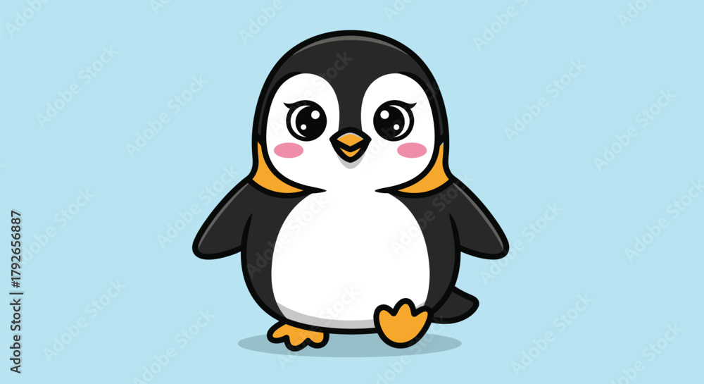 Fototapeta premium Cute Chibi Penguin with Big Eyes Cartoon Illustration