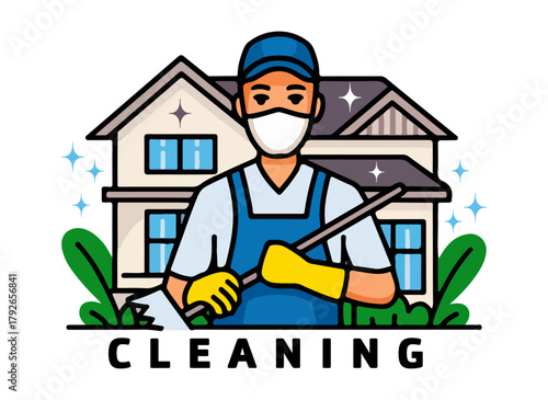 Professional office cleaner logotype vector design with cleaning tools and sparkle elements representing hygiene maintenance and janitorial service logo concept, Cleaning logo design.