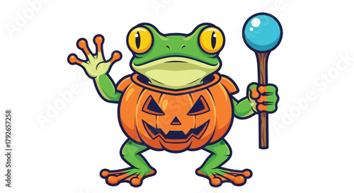 A cute cartoon frog wearing a Halloween pumpkin costume and holding a magic wand.